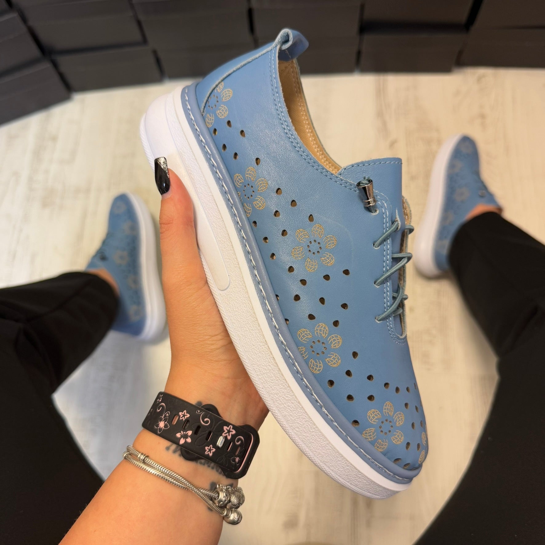 Pantofi damă casual cu șiret elasic din piele naturală Denim Cod 723