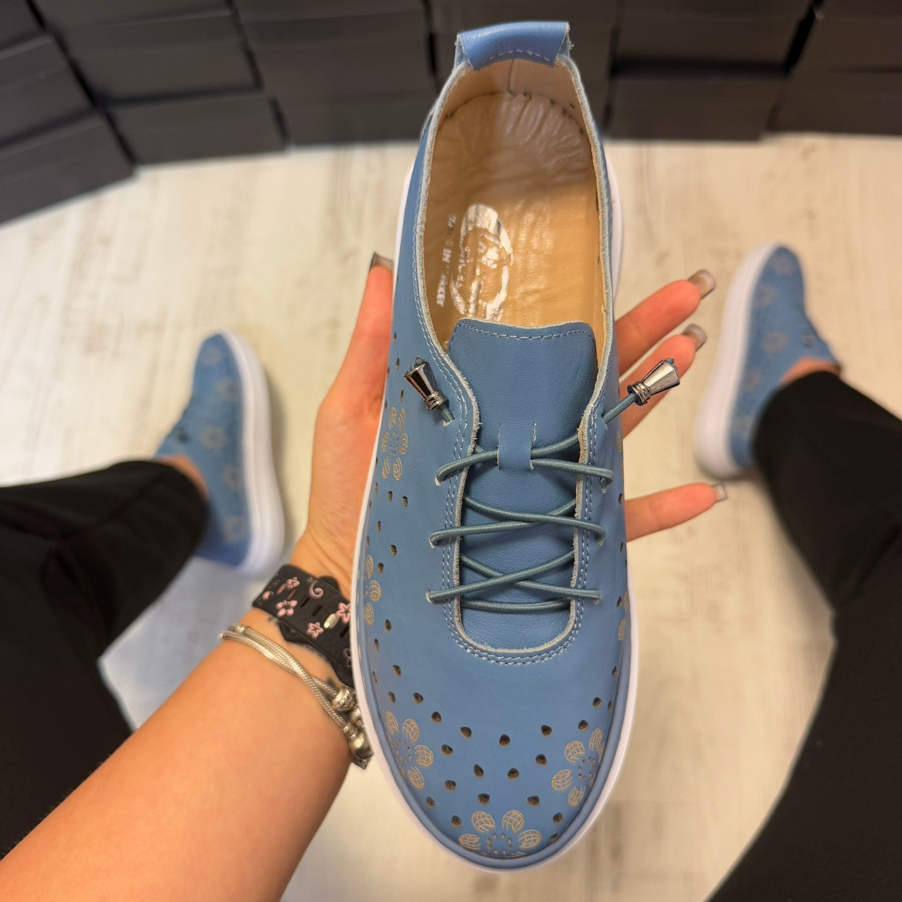 Pantofi damă casual cu șiret elasic din piele naturală Denim Cod 723