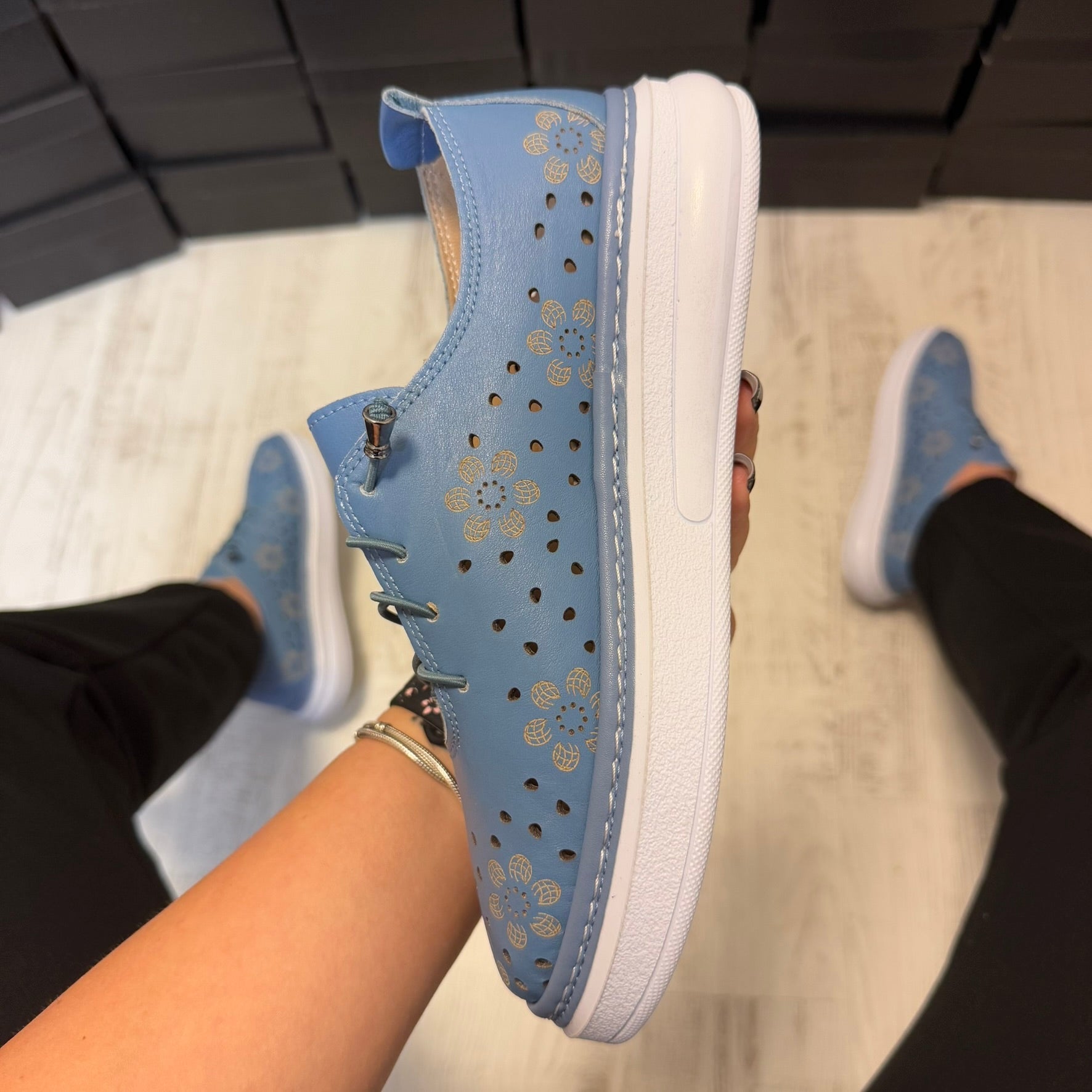 Pantofi damă casual cu șiret elasic din piele naturală Denim Cod 723
