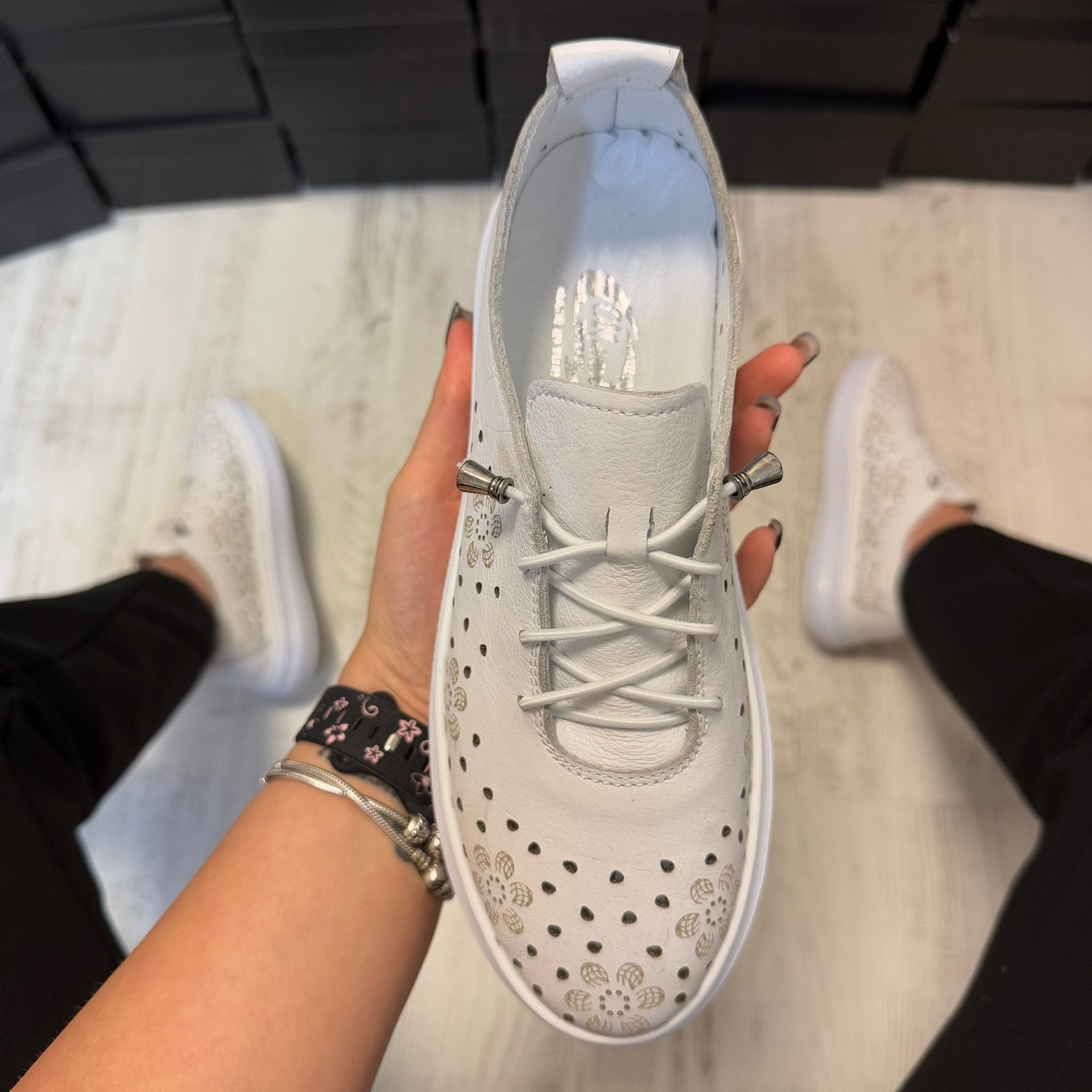 Pantofi damă casual cu șiret elasic din piele naturală White Cod 724