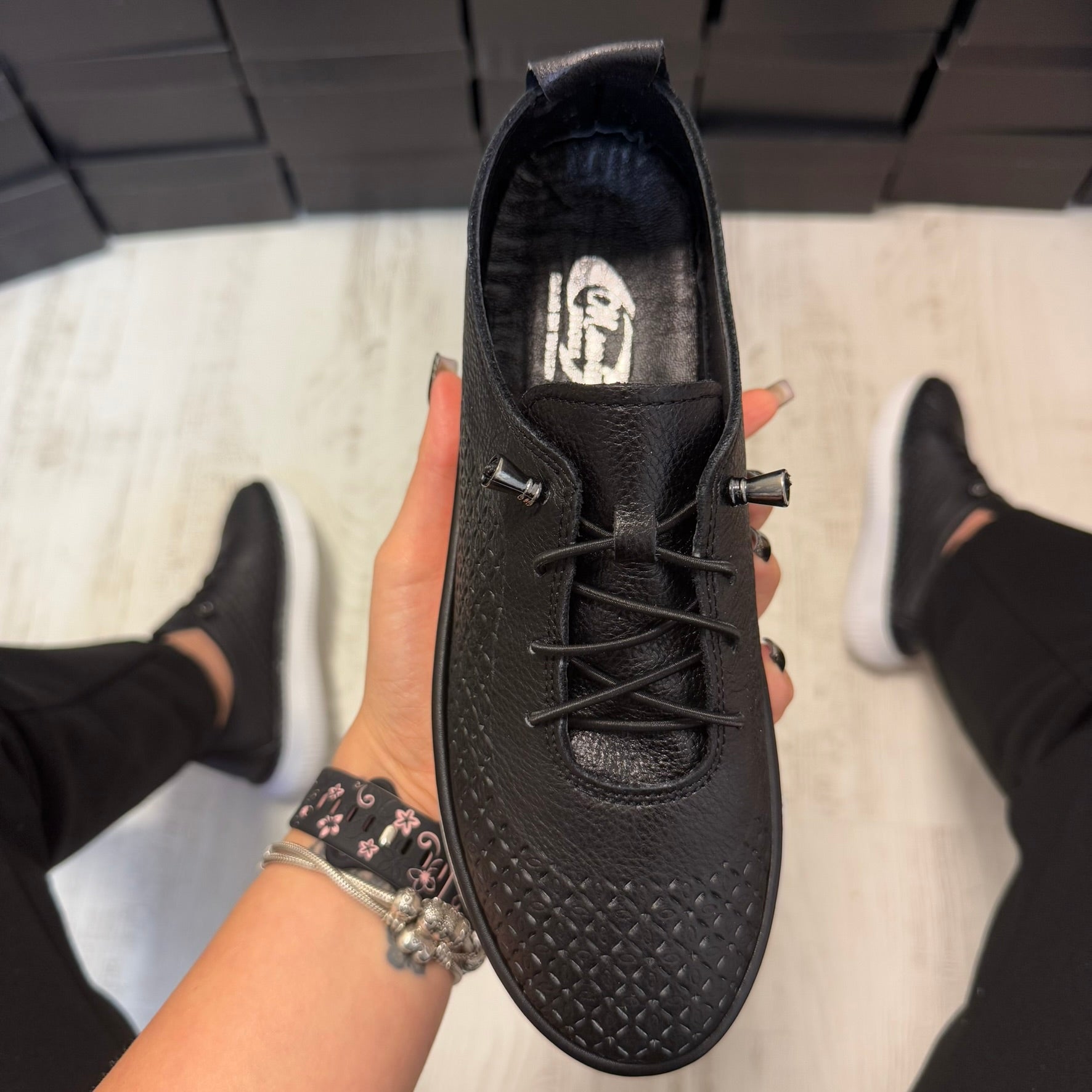 Pantofi damă casual cu șiret elasic din piele naturală Black Cod 725