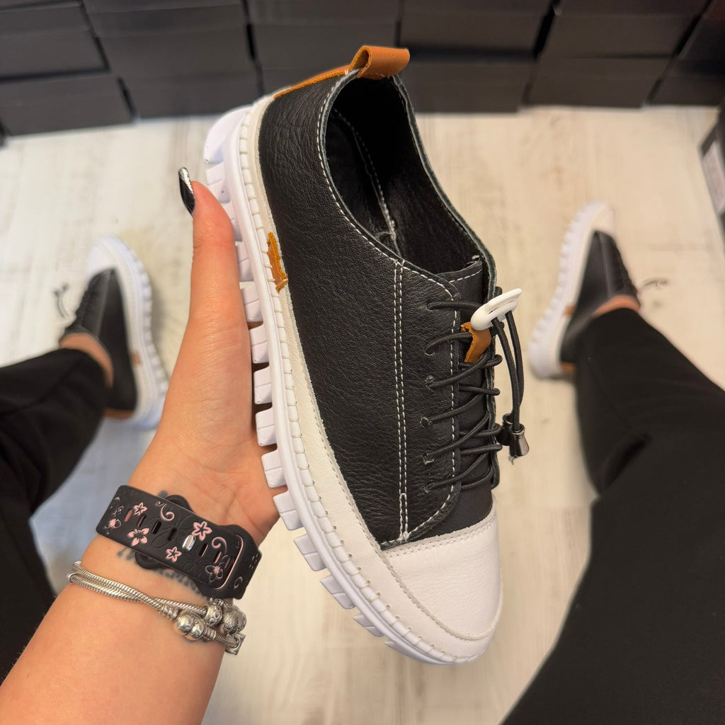 Pantofi damă casual cu șiret elastic din piele naturală black Cod 732