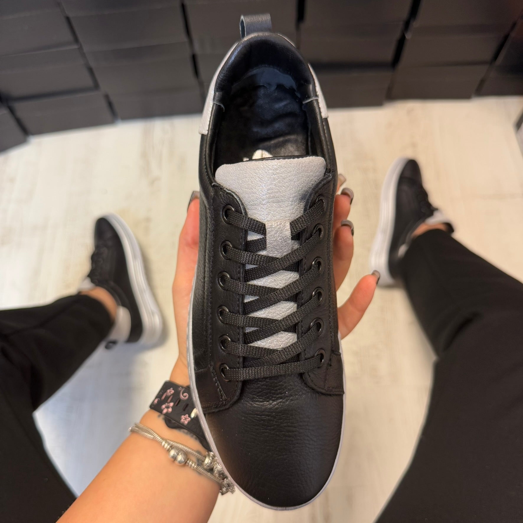 Pantofi damă casual cu șiret din piele naturală Negru-Ar Cod 727