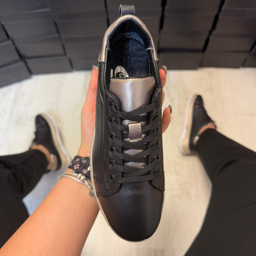 Pantofi damă casual cu șiret din piele naturală Negru-Aur Cod 728