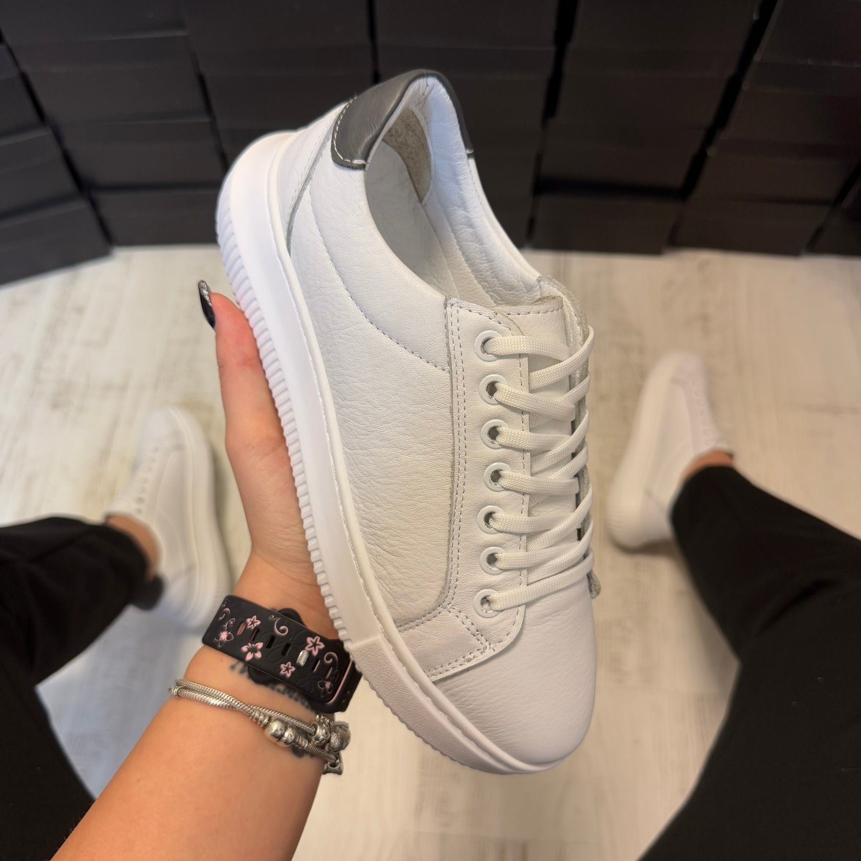 Pantofi damă casual cu șiret din piele naturală White Jens Cod 721