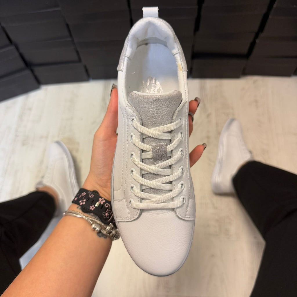 Pantofi damă casual cu șiret din piele naturală WHITE-SILVER Cod 730