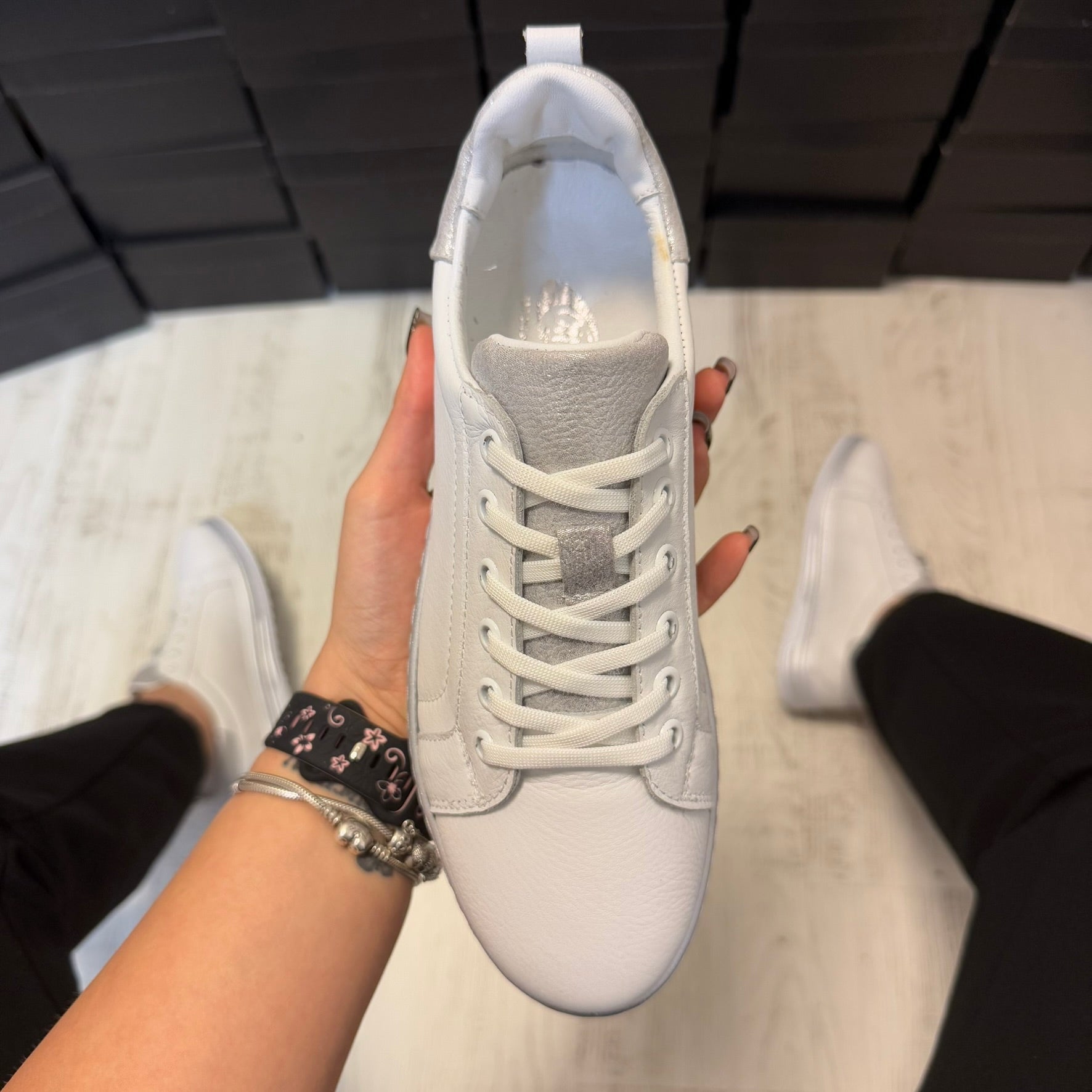 Pantofi damă casual cu șiret din piele naturală WHITE-SILVER Cod 730