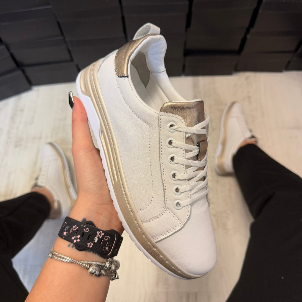 Pantofi damă casual cu șiret din piele naturală WHITE-GOLD Cod 731