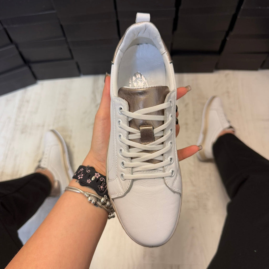 Pantofi damă casual cu șiret din piele naturală WHITE-GOLD Cod 731