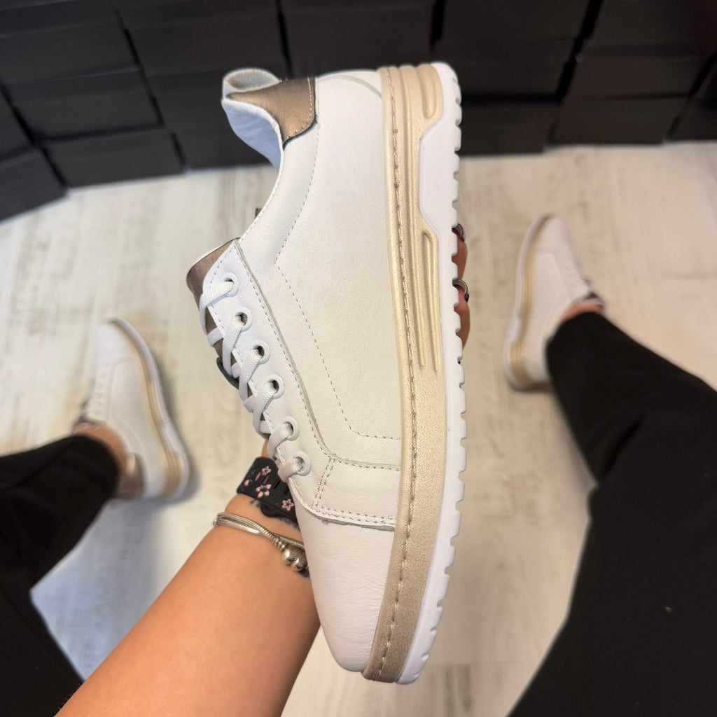 Pantofi damă casual cu șiret din piele naturală WHITE-GOLD Cod 731