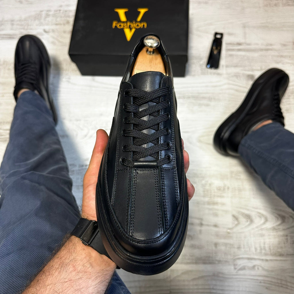 Pantofi Sport Barbati Siret Casual Negru Talpa Neagra Piele Naturala  COD 772