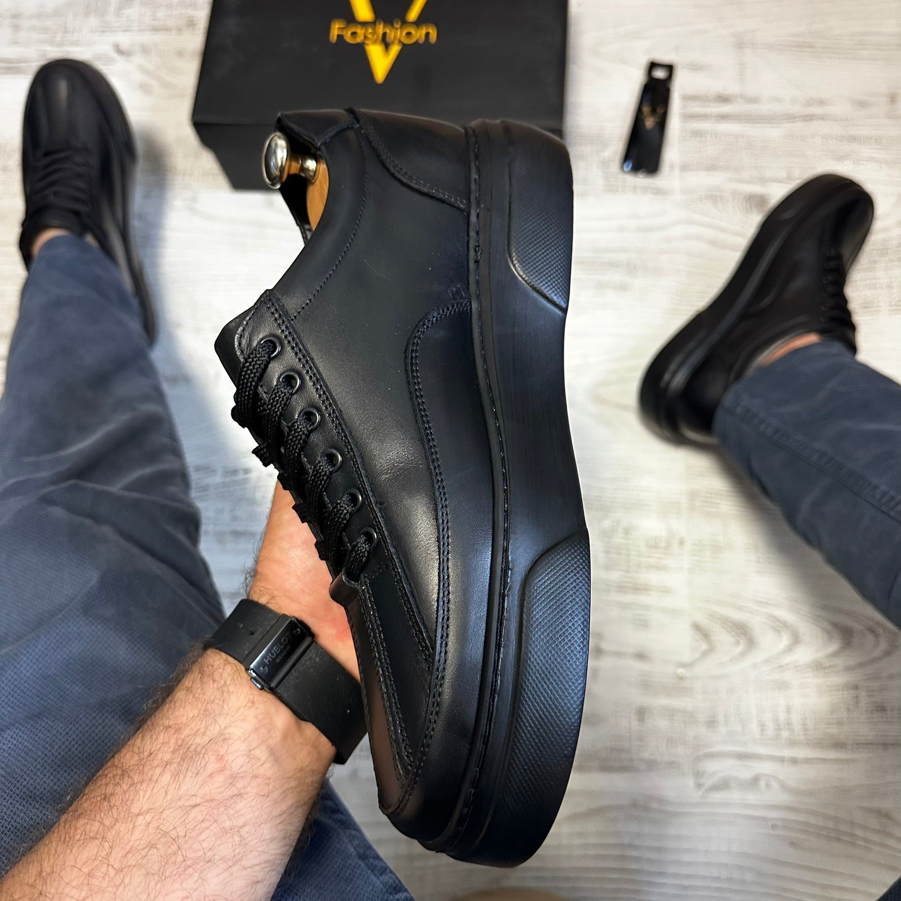 Pantofi Sport Barbati Siret Casual Negru Talpa Neagra Piele Naturala  COD 772