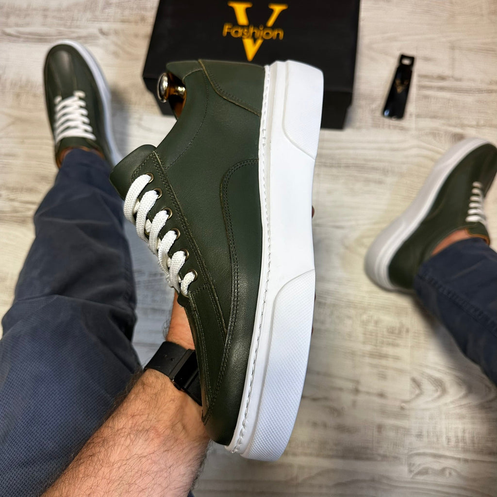 Pantofi Sport Barbati Siret Casual Verde Talpa Alba Piele Naturala  COD 773