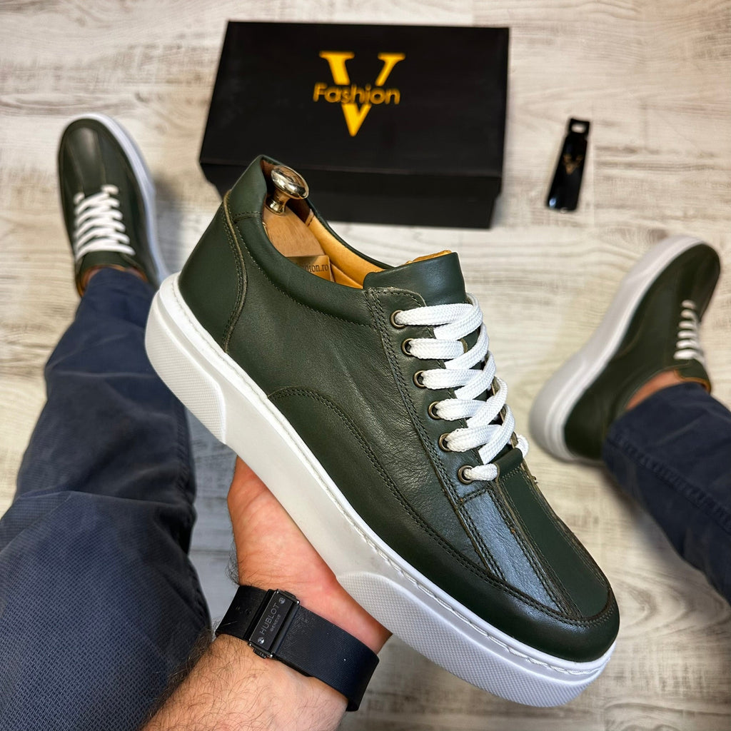 Pantofi Sport Barbati Siret Casual Verde Talpa Alba Piele Naturala  COD 773