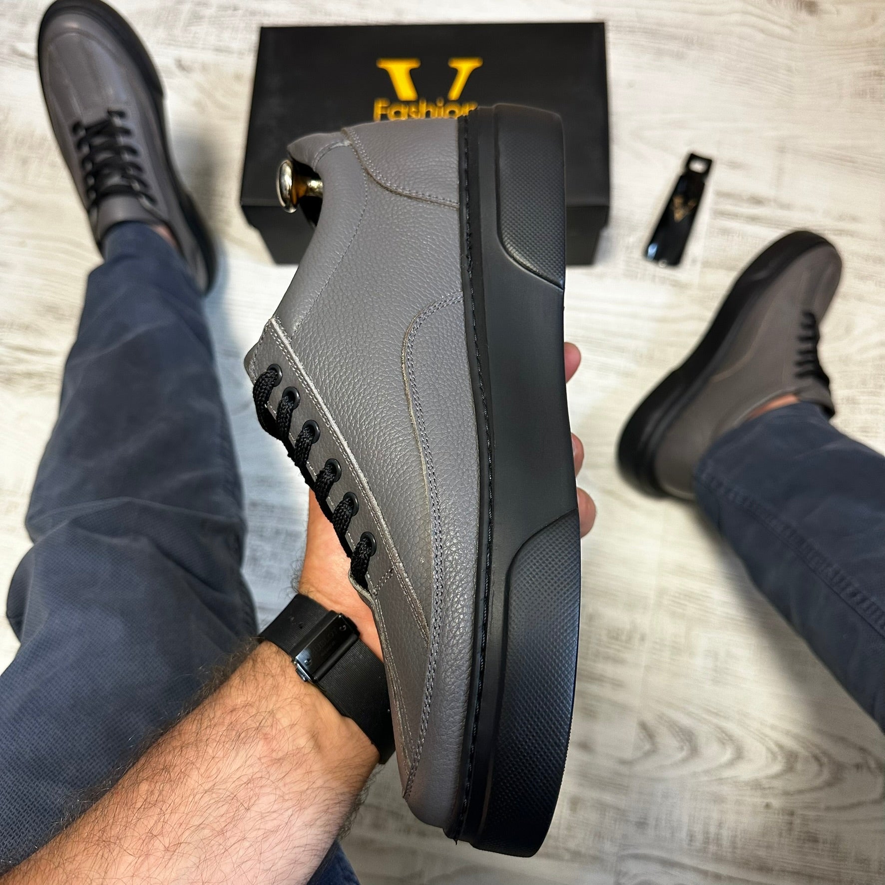 Pantofi Sport Barbati Siret Casual Gri cu Negru Piele Naturala  COD 774