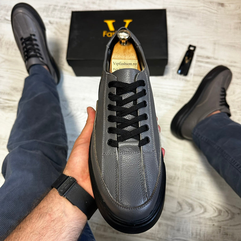 Pantofi Sport Barbati Siret Casual Gri cu Negru Piele Naturala  COD 774